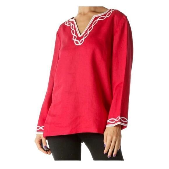 Talbots Womens 100%‎ Linen Tunic Top Size S Petite Red Embroidered Trim Beach - Picture 12 of 12